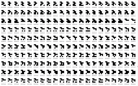 Eine kleine Auswahl der 65​.536 möglichen Bitmaps bei 4×4 Pixeln