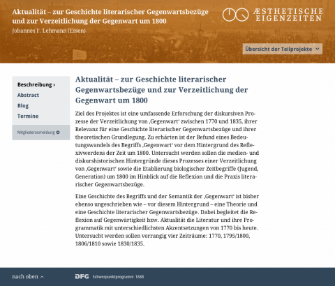 Website DFG-Schwerpunktprogramm 1688 »Ästhetische Eigenzeiten. Zeit und Darstellung in der polychronen Moderne«